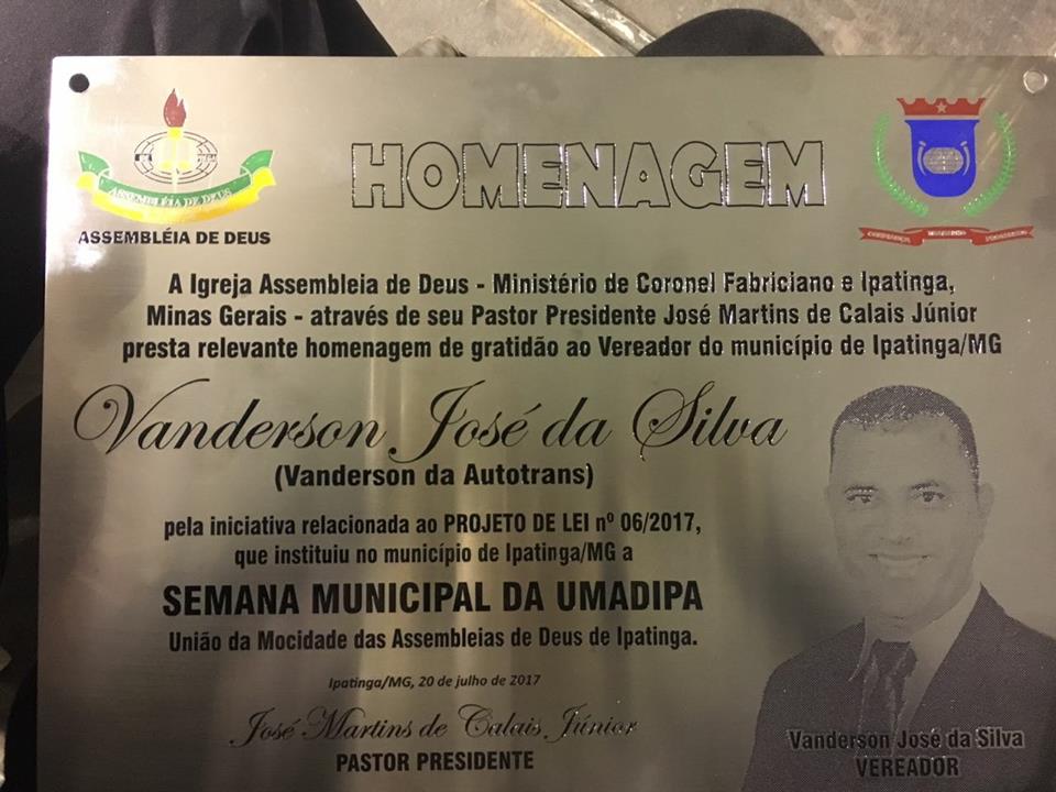 Homenagem da Igreja Assembléia de Deus ao Vereador Vanderson